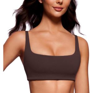 imageCRZ YOGA Butterluxe Square Neck Sports Bras for Women  Spaghetti Strap Yoga Wireless Low Coverage Padded Cami Crop TopHot Fudge Brown