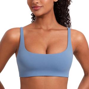 imageCRZ YOGA Butterluxe Square Neck Sports Bras for Women  Spaghetti Strap Yoga Wireless Low Coverage Padded Cami Crop TopOasis Blue