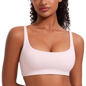 imageCRZ YOGA Butterluxe Square Neck Sports Bras for Women  Spaghetti Strap Yoga Wireless Low Coverage Padded Cami Crop TopStrawberry Pink