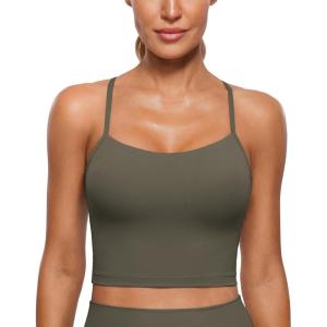 imageCRZ YOGA Butterluxe Y Back Crop Tank Tops for Women  Spaghetti Straps Racerback Padded Yoga Workout Longline Sports BrasLight Army Green