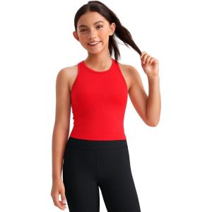 imageCRZ YOGA Girls Seamless Ribbed Longline Sports Bra  Yoga Athletic Casual Tops High Neck Racerback Padded Kids TeenDeep Red