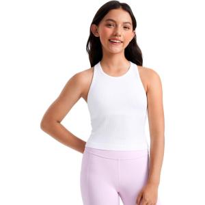 imageCRZ YOGA Girls Seamless Ribbed Longline Sports Bra  Yoga Athletic Casual Tops High Neck Racerback Padded Kids TeenWhite