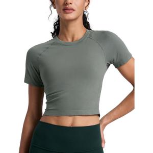 imageCRZ YOGA Seamless Crop Workout Tops for Women  Athletic Running Gym Yoga Short Sleeve Shirts BasicGrey Sage
