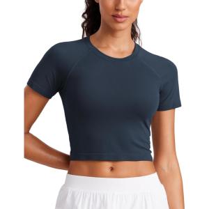 imageCRZ YOGA Seamless Crop Workout Tops for Women  Athletic Running Gym Yoga Short Sleeve Shirts BasicTwilight Blue