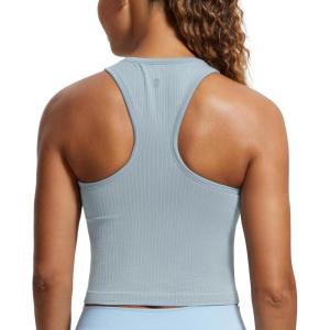imageCRZ YOGA Seamless Ribbed High Neck Crop Tank Tops for Women  Longline Racerback Padded Sports BrasCambric Blue
