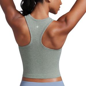 imageCRZ YOGA Seamless Ribbed High Neck Crop Tank Tops for Women  Longline Racerback Padded Sports BrasDark Green Heather