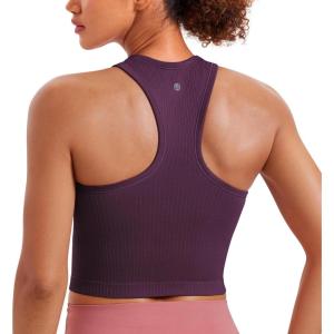 imageCRZ YOGA Seamless Ribbed High Neck Crop Tank Tops for Women  Longline Racerback Padded Sports BrasDeep Purple
