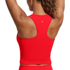 imageCRZ YOGA Seamless Ribbed High Neck Crop Tank Tops for Women  Longline Racerback Padded Sports BrasDeep Red