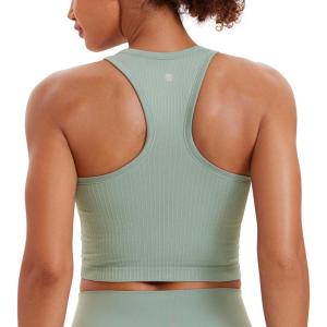 imageCRZ YOGA Seamless Ribbed High Neck Crop Tank Tops for Women  Longline Racerback Padded Sports BrasGreen Palm Court