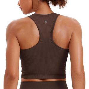 imageCRZ YOGA Seamless Ribbed High Neck Crop Tank Tops for Women  Longline Racerback Padded Sports BrasHot Fudge Brown