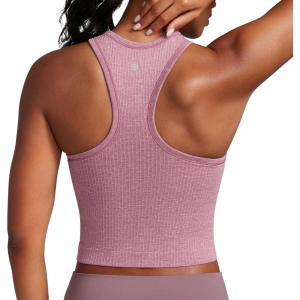 imageCRZ YOGA Seamless Ribbed High Neck Crop Tank Tops for Women  Longline Racerback Padded Sports BrasMisty Merlot Heather