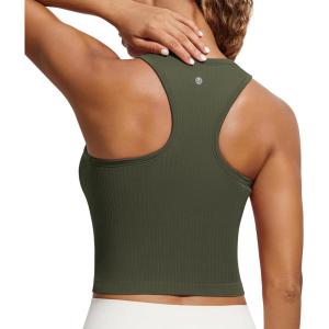 imageCRZ YOGA Seamless Ribbed High Neck Crop Tank Tops for Women  Longline Racerback Padded Sports BrasOlive Green