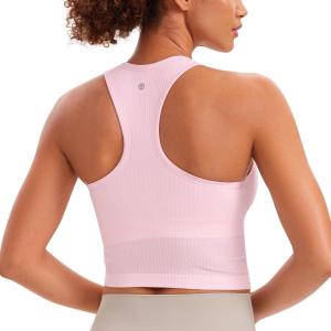 imageCRZ YOGA Seamless Ribbed High Neck Crop Tank Tops for Women  Longline Racerback Padded Sports BrasStrawberry Pink