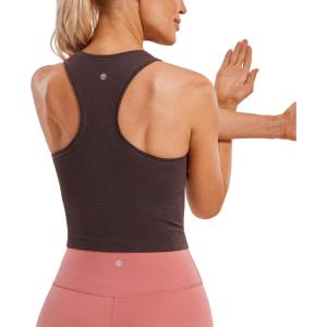 imageCRZ YOGA Seamless Ribbed High Neck Crop Tank Tops for Women  Longline Racerback Padded Sports BrasTaupe