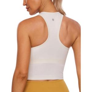 imageCRZ YOGA Seamless Ribbed High Neck Crop Tank Tops for Women  Longline Racerback Padded Sports BrasWhite Apricot