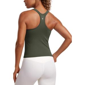 imageCRZ YOGA Seamless Ribbed Scoop Neck Tank Top for Women  Workout Racerback Padded Athletic Camisole with Built in BraOlive Green