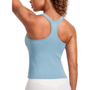 imageCRZ YOGA Seamless Ribbed Scoop Neck Tank Top for Women  Workout Racerback Padded Athletic Camisole with Built in BraPure Blue