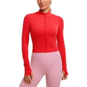 imageCRZ YOGA Butterluxe Cropped Athletic Jackets for Women  Full Zip Up Track Tops with Thumb Holes PocketsDeep Red