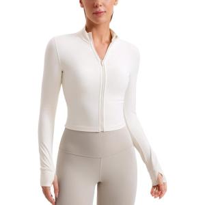 imageCRZ YOGA Butterluxe Cropped Athletic Jackets for Women  Full Zip Up Track Tops with Thumb Holes PocketsWhite Apricot