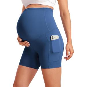 imageCRZ YOGA Butterluxe Maternity Biker Shorts Pockets 5quot  Over The Belly Pregnancy Womens Yoga Workout Athletic Buttery SoftPitch Blue