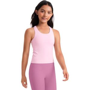 imageCRZ YOGA Girls Butterluxe Crew Neck Tank Tops Waist Length  Dance Yoga Athletic Casual Racerback Tight Kids TeenPink Peony