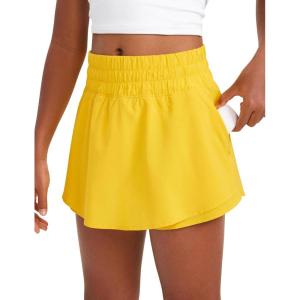 imageCRZ YOGA Girls FeatheryFit Soft Flowy Athletic Shorts  Tennis Soccer Casual Ruffle Skirt Zip Pocket Liner Kids TeenHigh Visibility Yellow