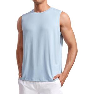 imageCRZ YOGA Mens Workout Sleeveless Shirt Quick Dry Stretchy Swim TShirts Athletic Gym Running Beach Tank TopBlue Linen