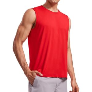 imageCRZ YOGA Mens Workout Sleeveless Shirt Quick Dry Stretchy Swim TShirts Athletic Gym Running Beach Tank TopDeep Red