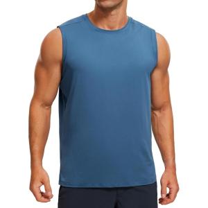 imageCRZ YOGA Mens Workout Sleeveless Shirt Quick Dry Stretchy Swim TShirts Athletic Gym Running Beach Tank TopIron Blue