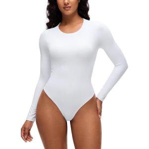 imageCRZ YOGA Softembrace Long Sleeve Bodysuits for Women  Crewneck Basic Casual Travel Thong Body Suits Fitted TopsWhite