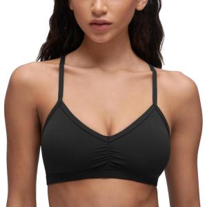 imageCRZ YOGA Butterluxe Ruched Sports Bras for Women  V Neck Spaghetti Thin Strap Y Back Wireless Padded Yoga Crop TopBlack
