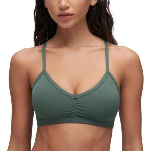 imageCRZ YOGA Butterluxe Ruched Sports Bras for Women  V Neck Spaghetti Thin Strap Y Back Wireless Padded Yoga Crop TopDark Forest Green