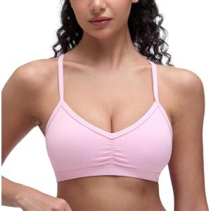 imageCRZ YOGA Butterluxe Ruched Sports Bras for Women  V Neck Spaghetti Thin Strap Y Back Wireless Padded Yoga Crop TopVita Pink
