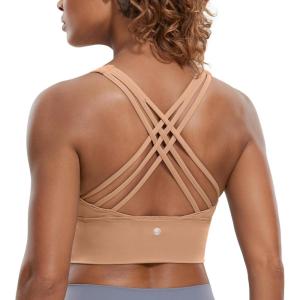 imageCRZ YOGA Naked Feeling Criss Cross Longline Sports Bras for Women  Wirefree Padded Strappy Yoga Cropped TopsMocha Mousse