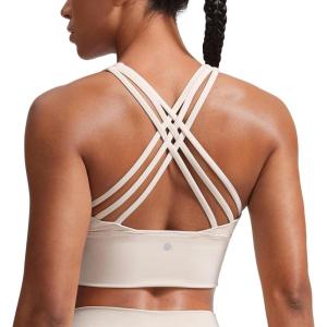 imageCRZ YOGA Naked Feeling Criss Cross Longline Sports Bras for Women  Wirefree Padded Strappy Yoga Cropped TopsMojave Tan