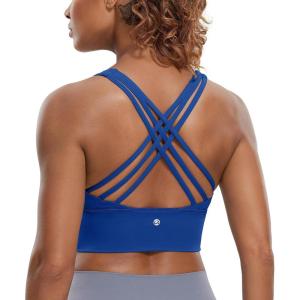 imageCRZ YOGA Naked Feeling Criss Cross Longline Sports Bras for Women  Wirefree Padded Strappy Yoga Cropped TopsWaves Blue
