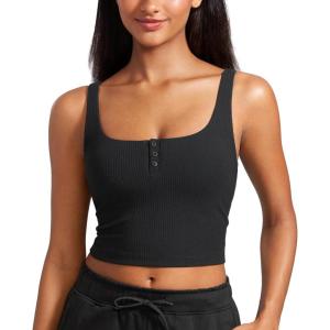 imageCRZ YOGA Ribbed Henley Crop Tank Tops for Women  Square Back Padded Yoga Workout Longline Sports BrasBlack
