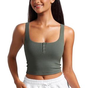 imageCRZ YOGA Ribbed Henley Crop Tank Tops for Women  Square Back Padded Yoga Workout Longline Sports BrasGrey Sage
