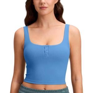 imageCRZ YOGA Ribbed Henley Crop Tank Tops for Women  Square Back Padded Yoga Workout Longline Sports BrasParty Blue