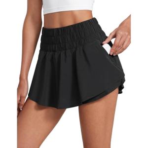imageCRZ YOGA Ruffle Skirt Overlay Athletic Shorts for Women  High Waisted Flowy for Workout Running Tennis with Zip PocketBlack