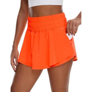 imageCRZ YOGA Ruffle Skirt Overlay Athletic Shorts for Women  High Waisted Flowy for Workout Running Tennis with Zip PocketNeon Orange