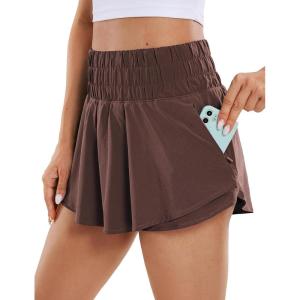 imageCRZ YOGA Ruffle Skirt Overlay Athletic Shorts for Women  High Waisted Flowy for Workout Running Tennis with Zip PocketTaupe
