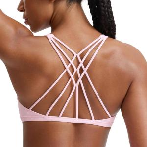 imageCRZ YOGA Womens Naked Feeling Criss Cross Sports Bra  Strappy Back Padded Medium Support Wireless Gym Cami Workout YogaStrawberry Pink