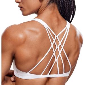 imageCRZ YOGA Womens Naked Feeling Criss Cross Sports Bra  Strappy Back Padded Medium Support Wireless Gym Cami Workout YogaWhite