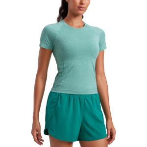 imageCRZ YOGA Seamless Workout Tops for Women Waist Length  Running Gym Athletic Yoga Short Sleeve Shirts Breathable CrewneckCascadia Green Heather