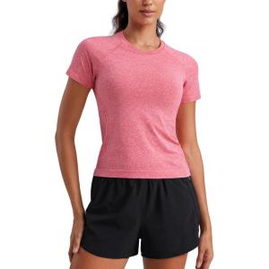 imageCRZ YOGA Seamless Workout Tops for Women Waist Length  Running Gym Athletic Yoga Short Sleeve Shirts Breathable CrewneckDeep Red Heather