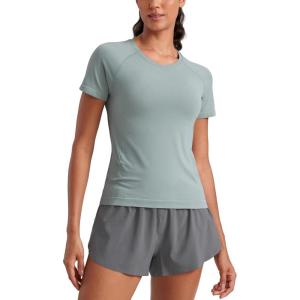 imageCRZ YOGA Seamless Workout Tops for Women Waist Length  Running Gym Athletic Yoga Short Sleeve Shirts Breathable CrewneckGreen Palm Court