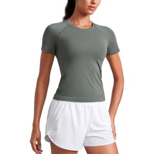 imageCRZ YOGA Seamless Workout Tops for Women Waist Length  Running Gym Athletic Yoga Short Sleeve Shirts Breathable CrewneckGrey Sage
