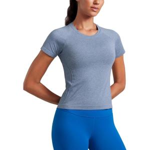imageCRZ YOGA Seamless Workout Tops for Women Waist Length  Running Gym Athletic Yoga Short Sleeve Shirts Breathable CrewneckOasis Blue Heather