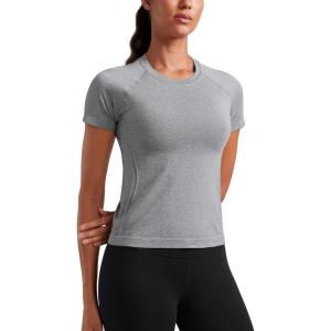 imageCRZ YOGA Seamless Workout Tops for Women Waist Length  Running Gym Athletic Yoga Short Sleeve Shirts Breathable CrewneckSlate Grey Marl